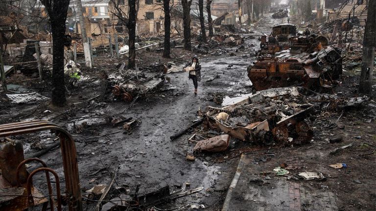 Destroyed Russian tanks in Bucha, near Kyiv. Pic :AP